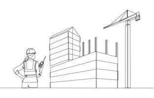 Continuous one line drawing of female engineer holding walkie-talkie to monitor construction site, construction project progress monitoring concept, single line art. vector