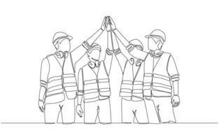 Continuous one line drawing of group of foreman and construction workers making high five gesture together, construction team meeting concept, single line art. vector