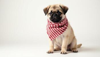 Adorable Pug Puppy in Red Striped Bandana A Sweet and Gentle Portrait photo
