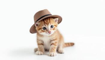 Adorable Kitten in Brown Fedora A Charming, Whimsical Portrait photo