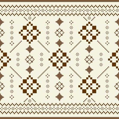 Warm Elegance Luxury Brown Pixel Embroidery Exquisitely Weaves. Delicate Abstract Ethic Pattern on Beige Background Detailed Traditional Royal Geometric Border Twinkle And Bling Tatami Seamless Design