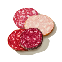 Delicious salami slices arranged aesthetically on white background png