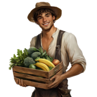 A smiling farmer holds a wooden crate of fresh produce png