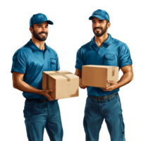 Two smiling delivery men hold cardboard boxes png