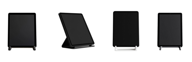 Four Tablets Displayed Vertically and Angled in Stands png