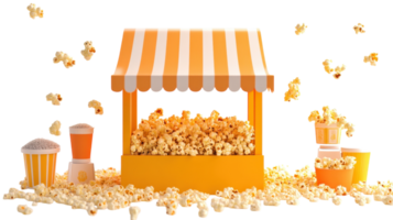A Vibrant Popcorn Stand Displaying Freshly Popped Popcorn, Perfect for Events, Fairs, or Movie Nights, Inviting Guests with Its Delicious Aroma and Colorful Presentation. png