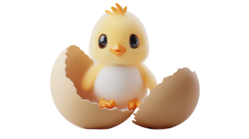 A cute chick hatching from an eggshell with bright colors against a transparent background in a playful setting. png