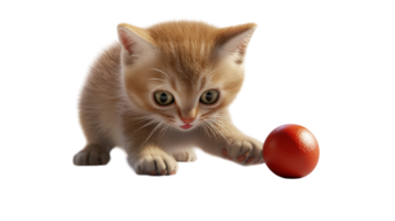 A curious kitten plays with a small red ball in a bright, playful atmosphere on a transparent background. png