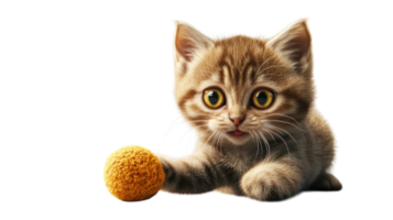 A playful kitten with large eyes enjoying a yellow ball in a bright, light-filled room during the afternoon. png