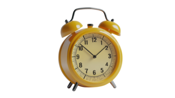 Bright yellow alarm clock displaying time in a close-up view, highlighting its classic design and playful aesthetic in a minimalist background. png