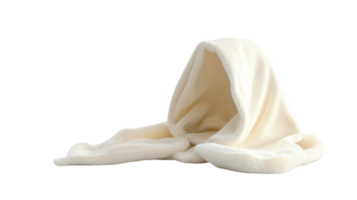 Cozy cream-colored fleece blanket draped on a surface, creating a warm and inviting atmosphere for relaxation. png