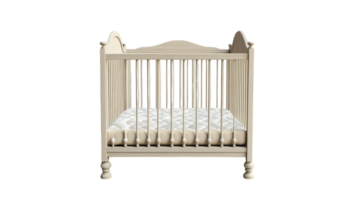 Classic wooden crib with a soft mattress designed for a nursery, empty and ready for a new baby, with a neutral finish. png