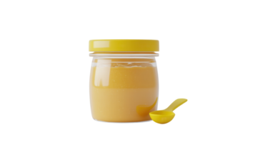 A jar of creamy yellow spread with a small spoon on a white background showcasing a simple kitchen item for cooking or snacking. png