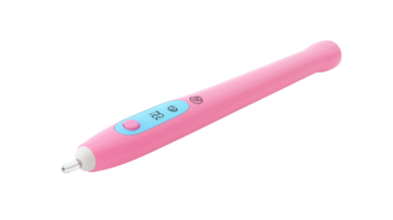 A pink electronic temperature pen resting on a neutral background, showcasing its LCD display and temperature measurement functions. png