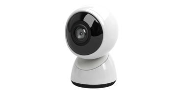 A sleek modern webcam stands on a white base, ready for high-quality streaming and calls in a home office setting. png