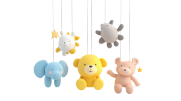 A group of three different colored teddy bears hanging from a string png