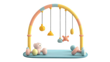 Brightly colored baby play gym with hanging toys for development in a serene indoor setting. png