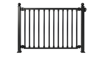 Black metal railing gate designed for outdoor spaces, featuring vertical bars and decorative finials, suitable for gardens and patios. png