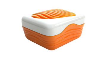 Modern sushi-themed takeout container design featuring vibrant orange and white colors with a wave pattern presenting an artistic flair. png