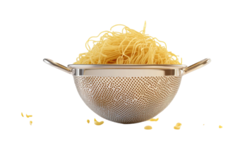 High-Quality Pasta Strainer with Freshly Cooked Spaghetti Ready for Serving on a Translucent Background Ideal for Culinary Content Creation. png