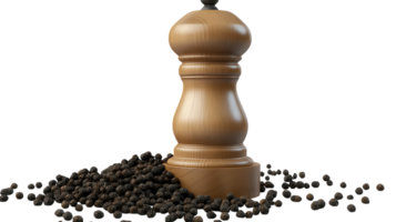 A Close-Up Image of a Stylish Pepper Mill Filled with Fresh Black Peppercorns, Ideal for Food Blogs or Culinary Articles.. png