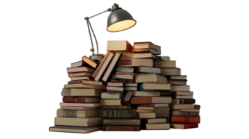A Cozy Reading Setup Featuring a Pile of Books and a Soft-glowing Reading Light Ideal for Literary Enthusiasts. png
