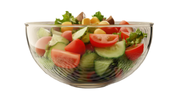 A realistic salad bowl filled with a variety of fresh toppings, showcasing colorful vegetables and healthy ingredients for an appetizing presentation.. png