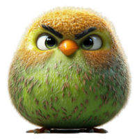 Cute fluffy bird character with an expressive face standing on a plain background looking ready to take action isolated on transparent background. png