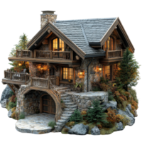 Rustic stone cottage surrounded by colorful trees and shrubs in a serene outdoor setting during twilight hours isolated on transparent background. png