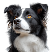 Beautiful black and white border collie with striking amber eyes gazes attentively at the camera in a studio setting isolated on transparent background. png