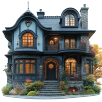 Beautiful stone house with elegant architecture and warm lighting during twilight isolated on transparent background. png