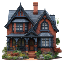 Victorian style brick house with detailed architecture and lush greenery in a serene neighborhood setting isolated on transparent background. png