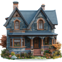 Beautiful Victorian-style house with intricate details and charming landscaping in a serene neighborhood setting isolated on transparent background. png