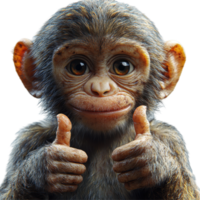 Happy young monkey showing thumbs up with a friendly expression in a playful setting isolated on transparent background. png