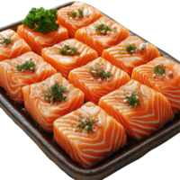 Fresh salmon sashimi served on a black platter with garnishes and herbs ready for sushi preparation isolated on transparent background. png