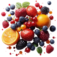 Freshly picked assortment of colorful fruits arranged beautifully in a vibrant display on a white background isolated on transparent background. png