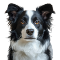 Black and white border collie with expressive eyes posing calmly for the camera indoors isolated on transparent background. png