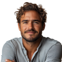 Man with curly hair smiles confidently while wearing a casual shirt against a plain background isolated on transparent background. png