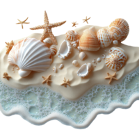 Shells and starfish on sandy beach with gentle waves lapping at the shore during a sunny day isolated on transparent background. png