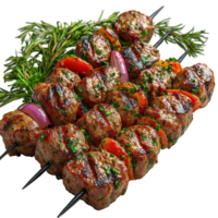 Savory meat skewers with colorful vegetables and fresh herbs on a plate ready for grilling at a summer barbecue isolated on transparent background. png