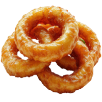 Fried onion rings served in a casual dining setting ready to enjoy with dipping sauce isolated on transparent background. png