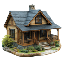 Charming wooden cabin with stone accents surrounded by greenery in a serene setting isolated on transparent background. png