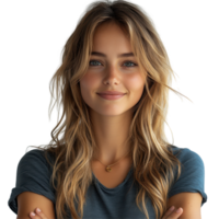 Smiling young woman with long hair and casual attire poses against a plain background in a simple portrait setting isolated on transparent background. png