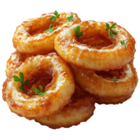 Crispy onion rings topped with fresh herbs on a wooden surface at a casual dining setting isolated on transparent background. png