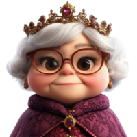Cheerful animated queen character wearing a crown and elegant cape in a whimsical setting isolated on transparent background. png
