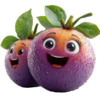 Two cartoon fruits with joyful expressions and vibrant colors showcasing playful design elements and lively features isolated on transparent background. png