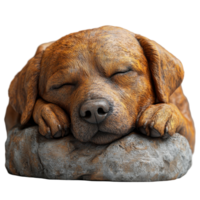 Sculpture of a serene sleeping dog resting on a rock with a realistic texture and warm colors isolated on transparent background. png