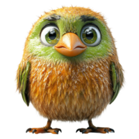 Charming animated bird character with vibrant colors and large expressive eyes isolated on transparent background. png