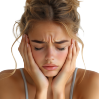 Young woman expressing distress while holding her face, showcasing emotion and vulnerability during a moment of contemplation isolated on transparent background. png