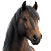 Black horse with flowing mane posing for a close-up against a neutral background isolated on transparent background. png